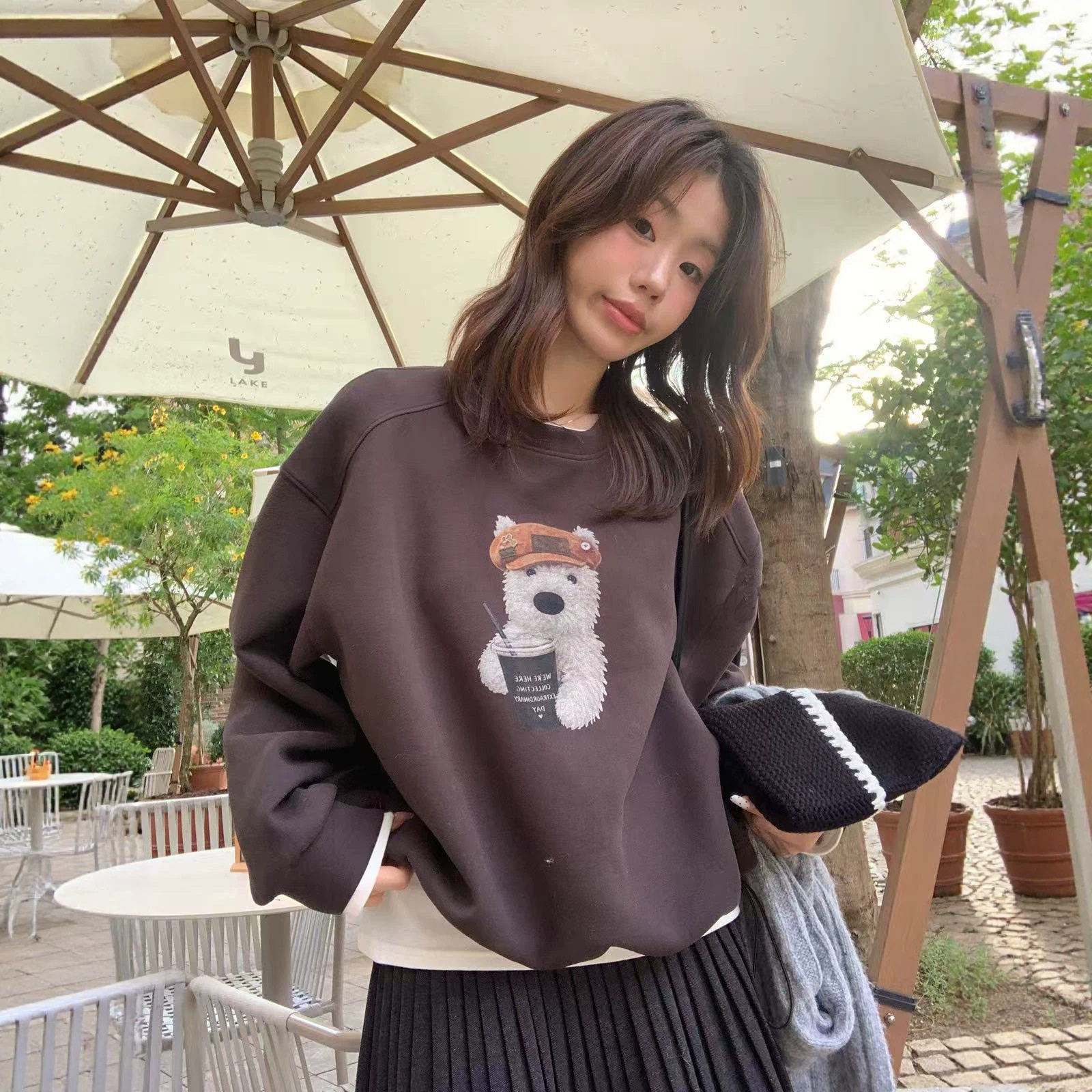 柠檬绿茶秋冬韩系减龄卡通印花卫衣女宽松下摆抽绳圆领长袖上衣