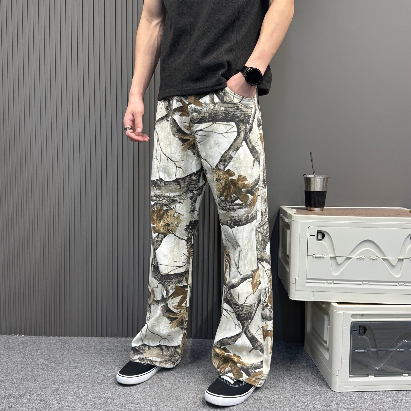 树枝枫叶印花宽松牛仔裤男女同款裤子丛林落叶休闲裤涂鸦工装裤潮