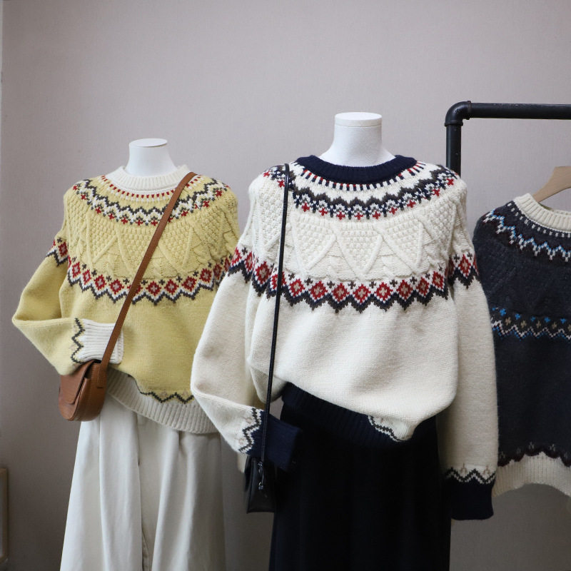 [比正]2025秋冬新款韩版高质感费尔岛加厚显瘦减龄百搭毛衣女5740