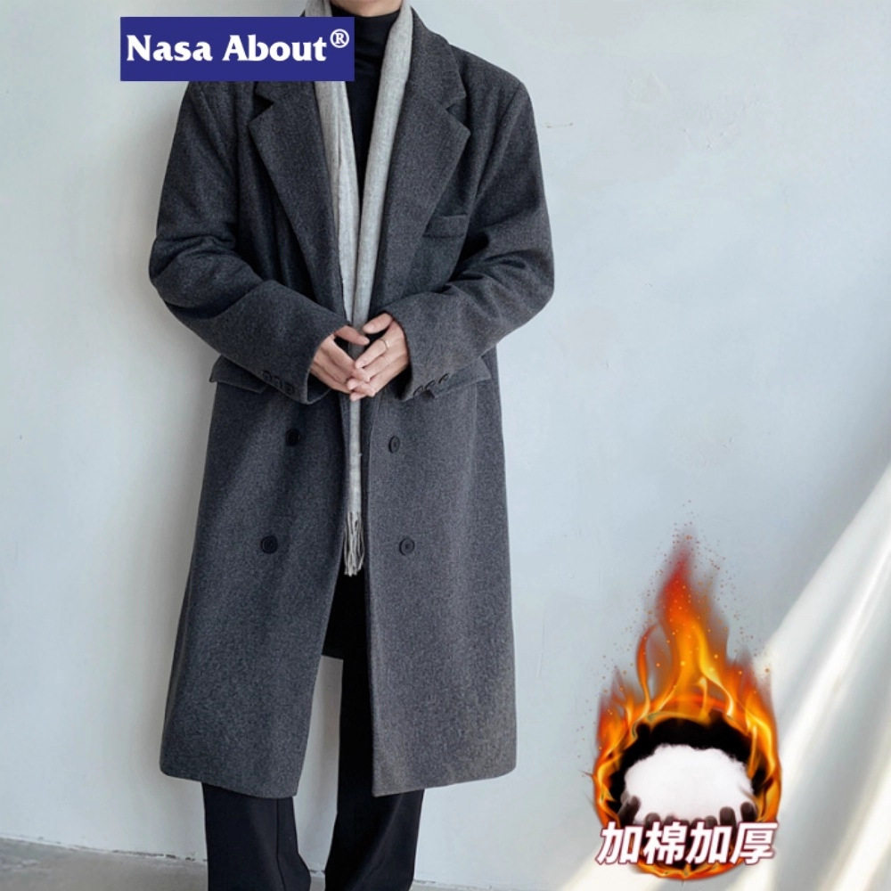 NASA轻熟风西装领毛呢大衣意法男装中长款风衣冬加绒厚款大码外套