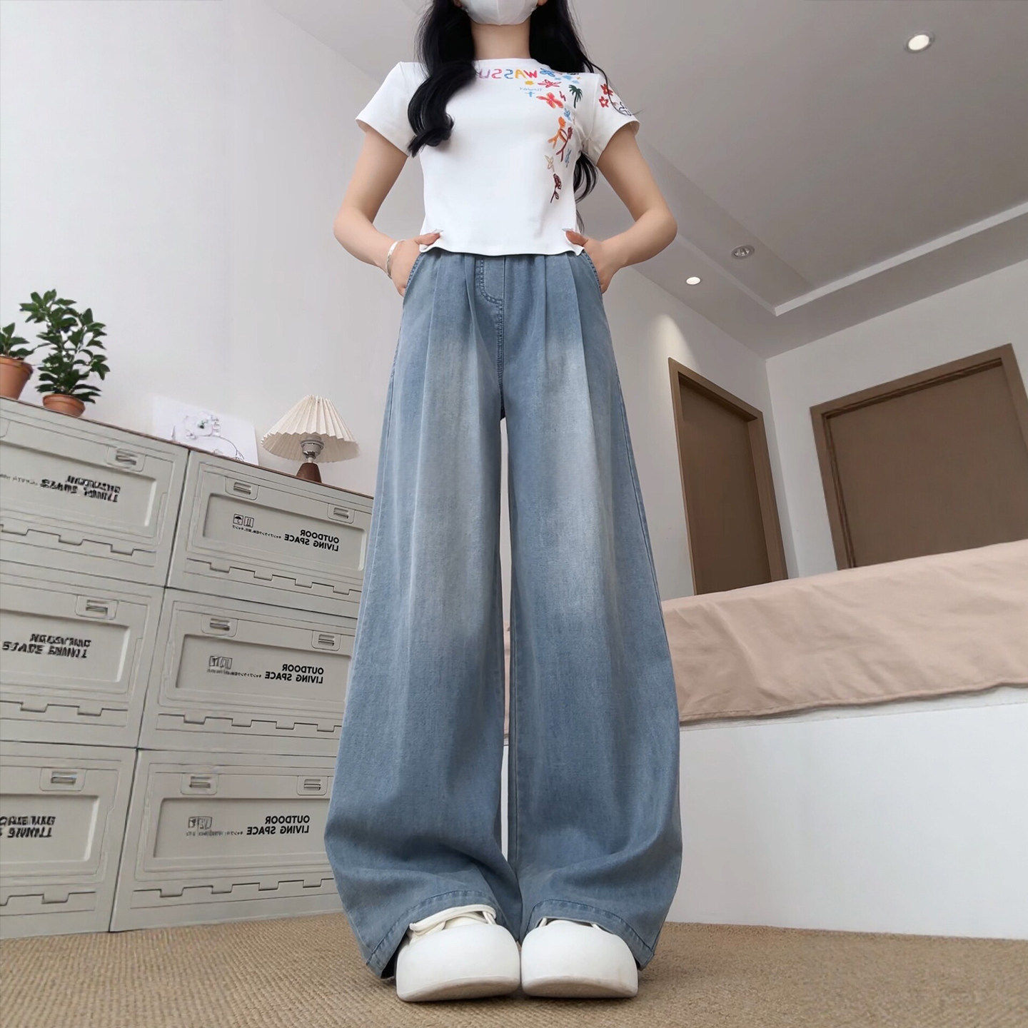 天丝直筒牛仔裤女夏季薄款小个子胖mm大码松紧腰宽松冰丝阔腿裤子