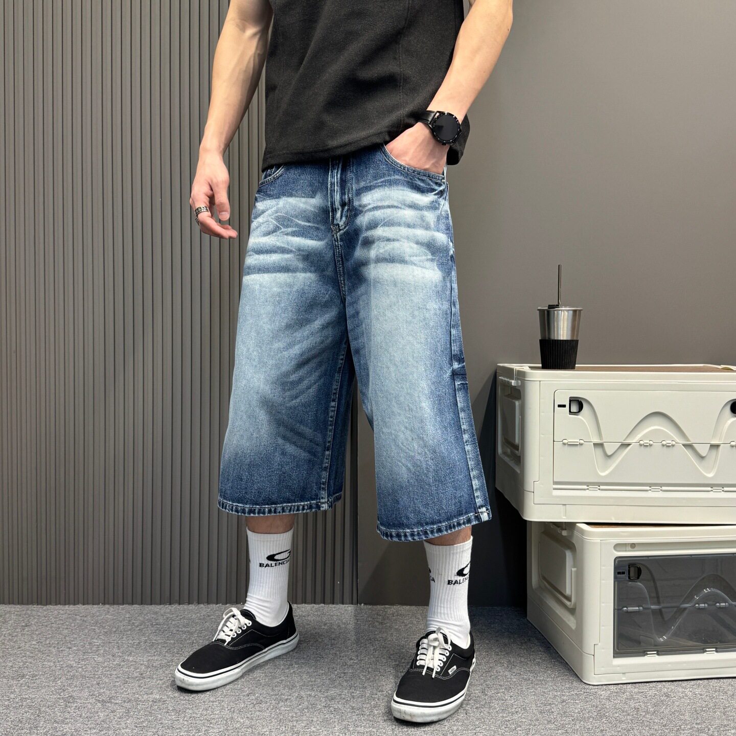 夏季新款潮牌水洗蓝色牛仔短裤男宽松直筒中裤美式嘻哈休闲七分裤