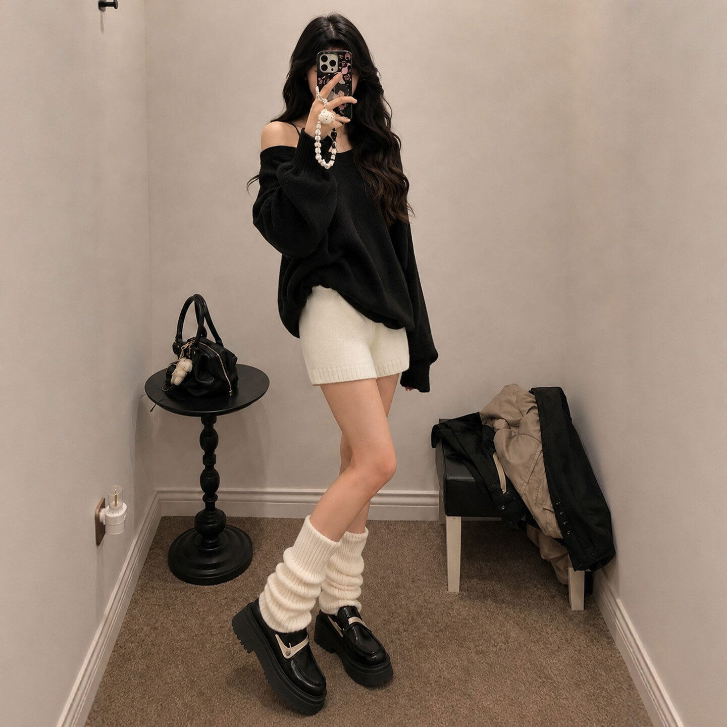 白色针织短裤女2026新款秋季外穿高腰a字辣妹热裤小个子打底靴裤