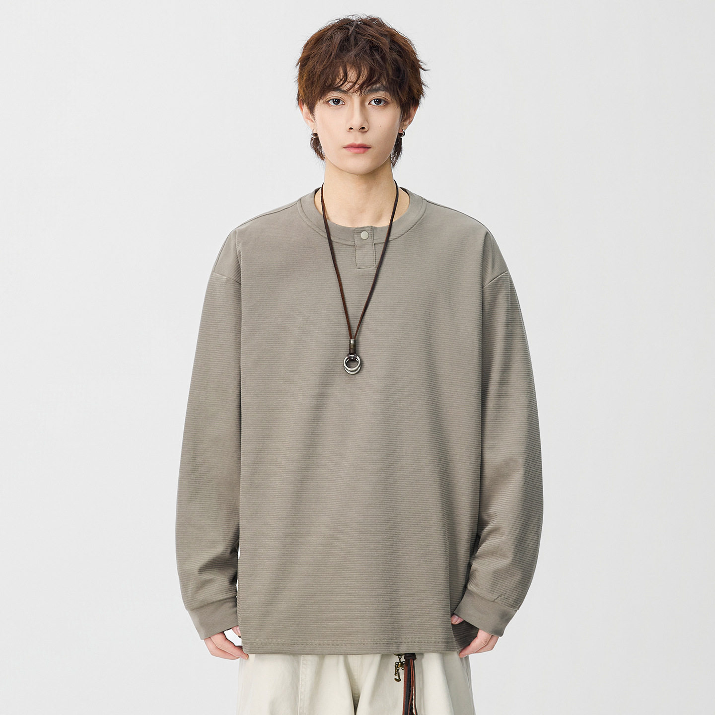 长袖t恤男款 春季潮牌日系ins复古慵懒风横纹圆领宽松体恤衫上衣