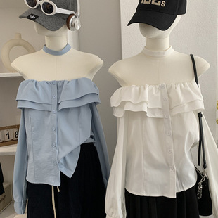 欧玛莱 双层荷叶边一字领露肩纯色单排扣长袖衬衫上衣女实拍 6486