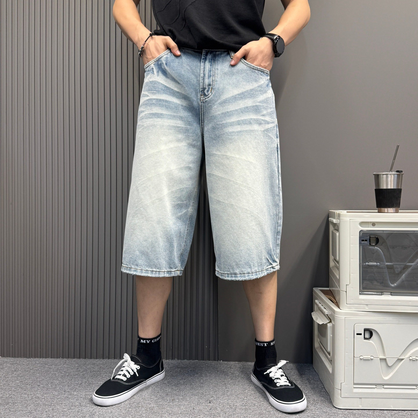 美式复古高腰宽松直筒牛仔短裤男女夏季新款设计感垂感七分阔腿裤