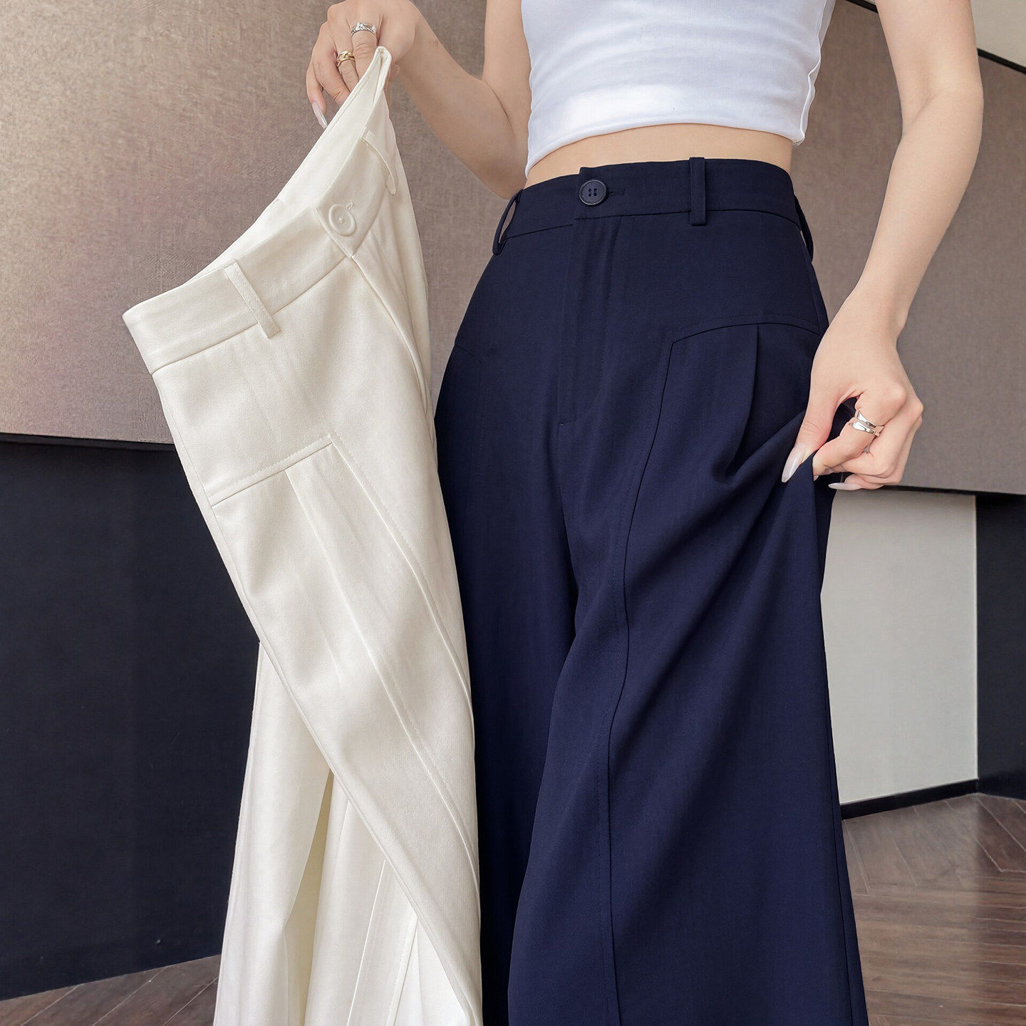 藏青色小个子亚麻西装裤女2026新款夏季高腰宽松冰丝棉麻阔腿裤子