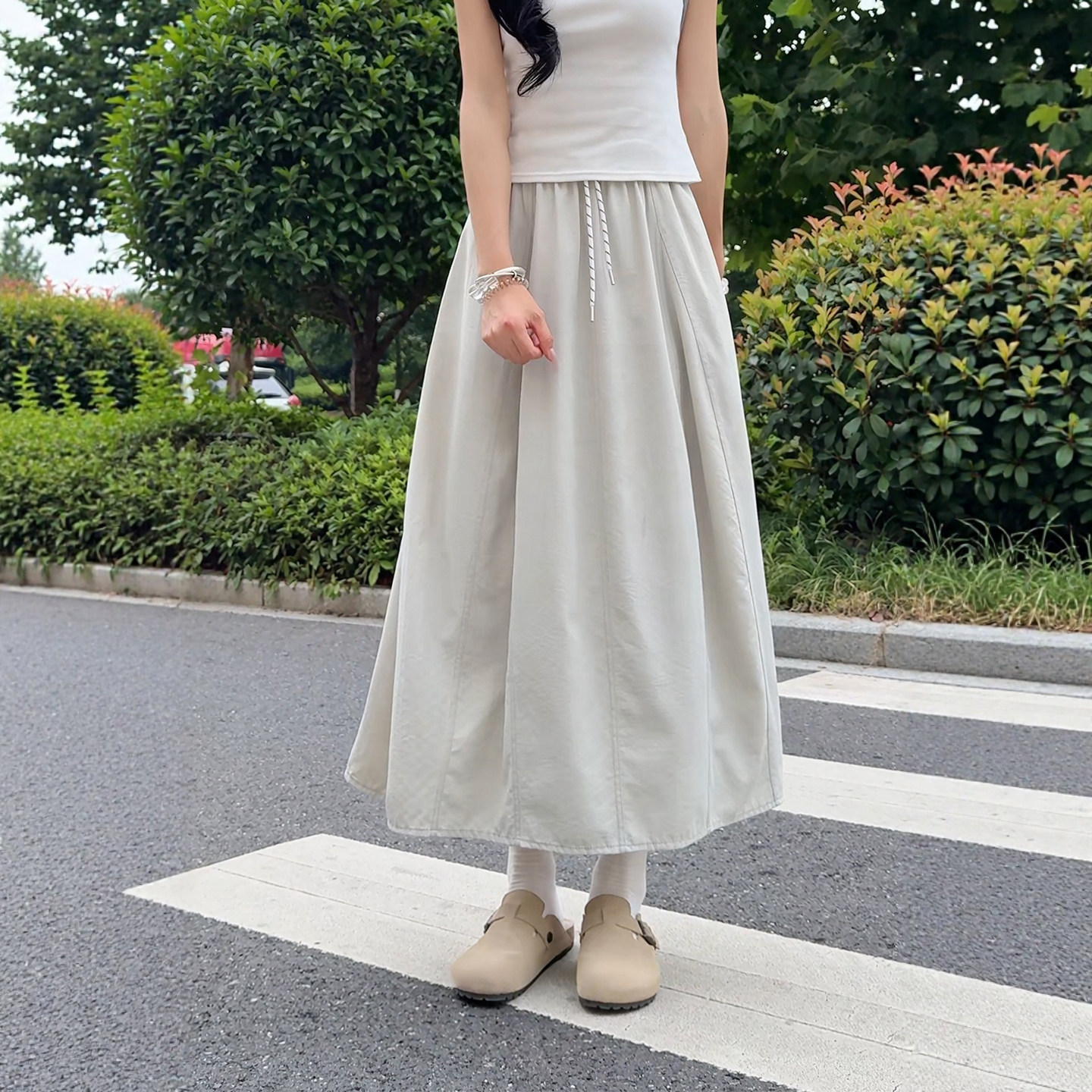 卡其色速干工装半身裙女夏薄款大码胖mm宽松显瘦a字半裙南瓜长裙