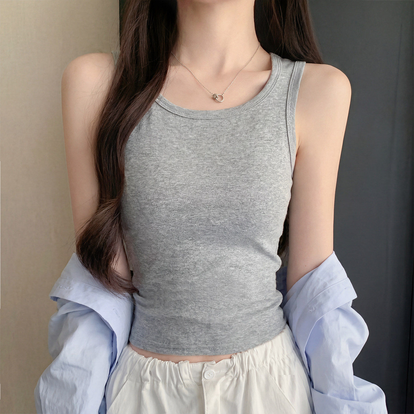 灰色吊带背心女夏季外穿无胸垫大码胖mm内搭打底工字运动无袖上衣