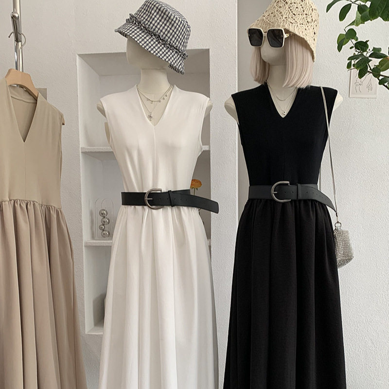 欧玛莱 拼接无袖气质V领连衣裙女2026春夏季复古设计感配腰带6771