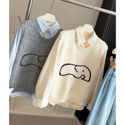 减龄卡通大象针织无袖毛衣马甲背心女春秋新款叠穿百搭衬衫两件套
