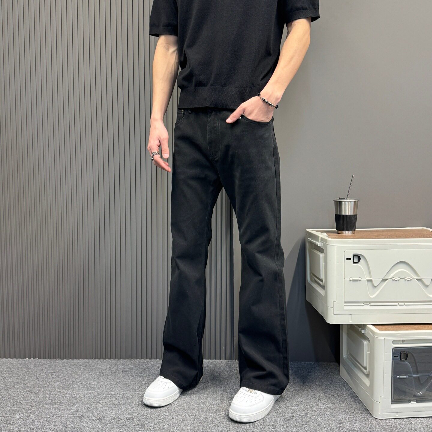 黑色纯棉男士休闲裤宽松直筒裤2026痞帅日系裤微喇水洗牛仔长裤子