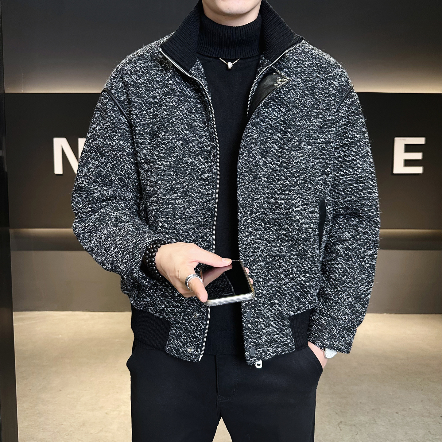 毛呢外套男秋冬款高级感连帽假两件上衣美式复古休闲宽松呢子夹克