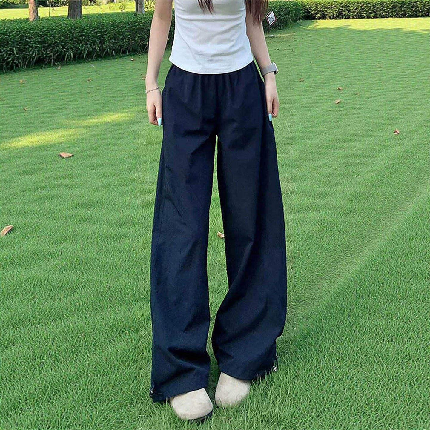 藏青色速干工装裤女春夏新款美式宽松阔腿裤小个子户外登山运动裤