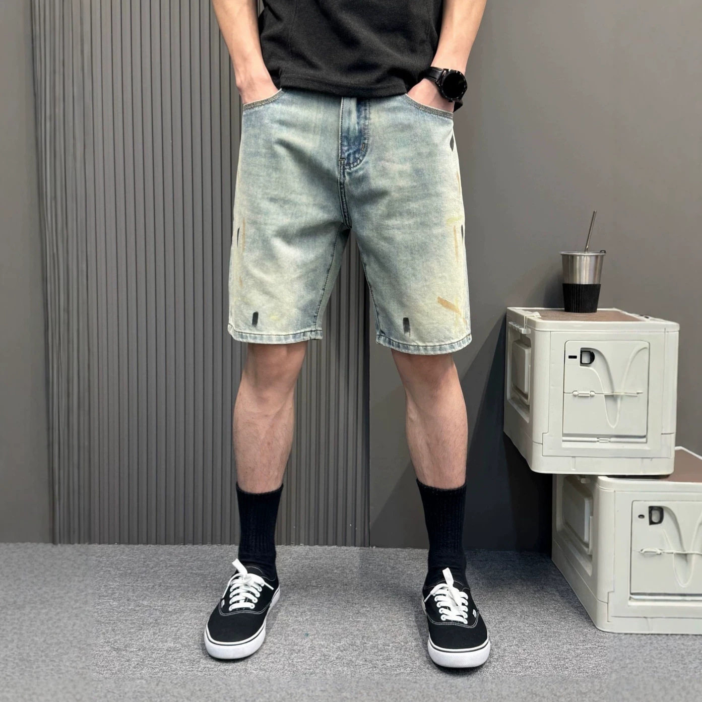 潮牌油漆点水洗牛仔五分短裤男士宽松直筒复古做旧街头风休闲中裤
