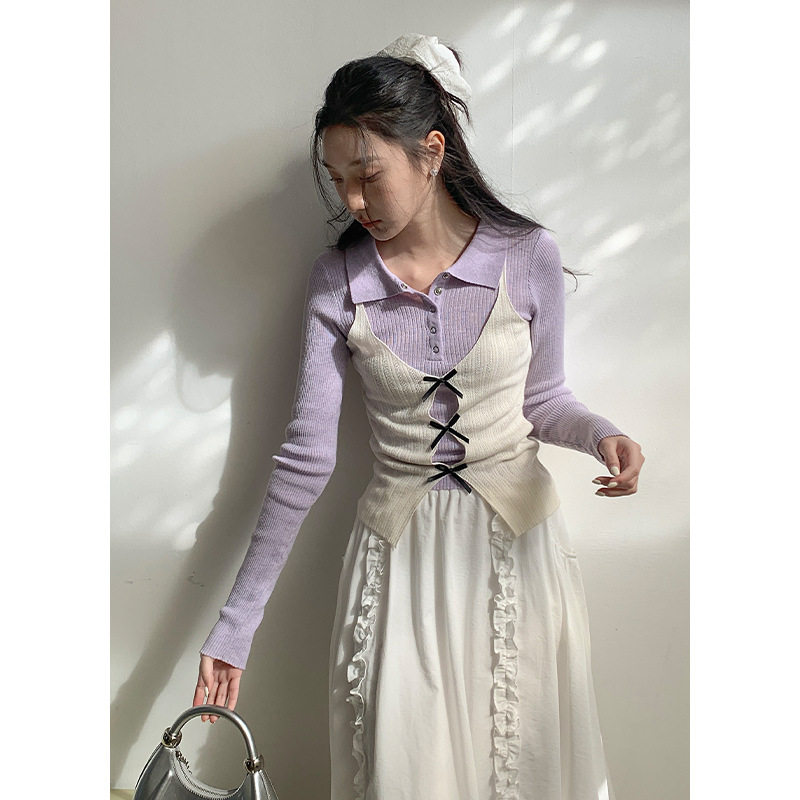 衣尔衫 假两件百搭蝴蝶结气质温柔翻领针织衫女新款韩版0343