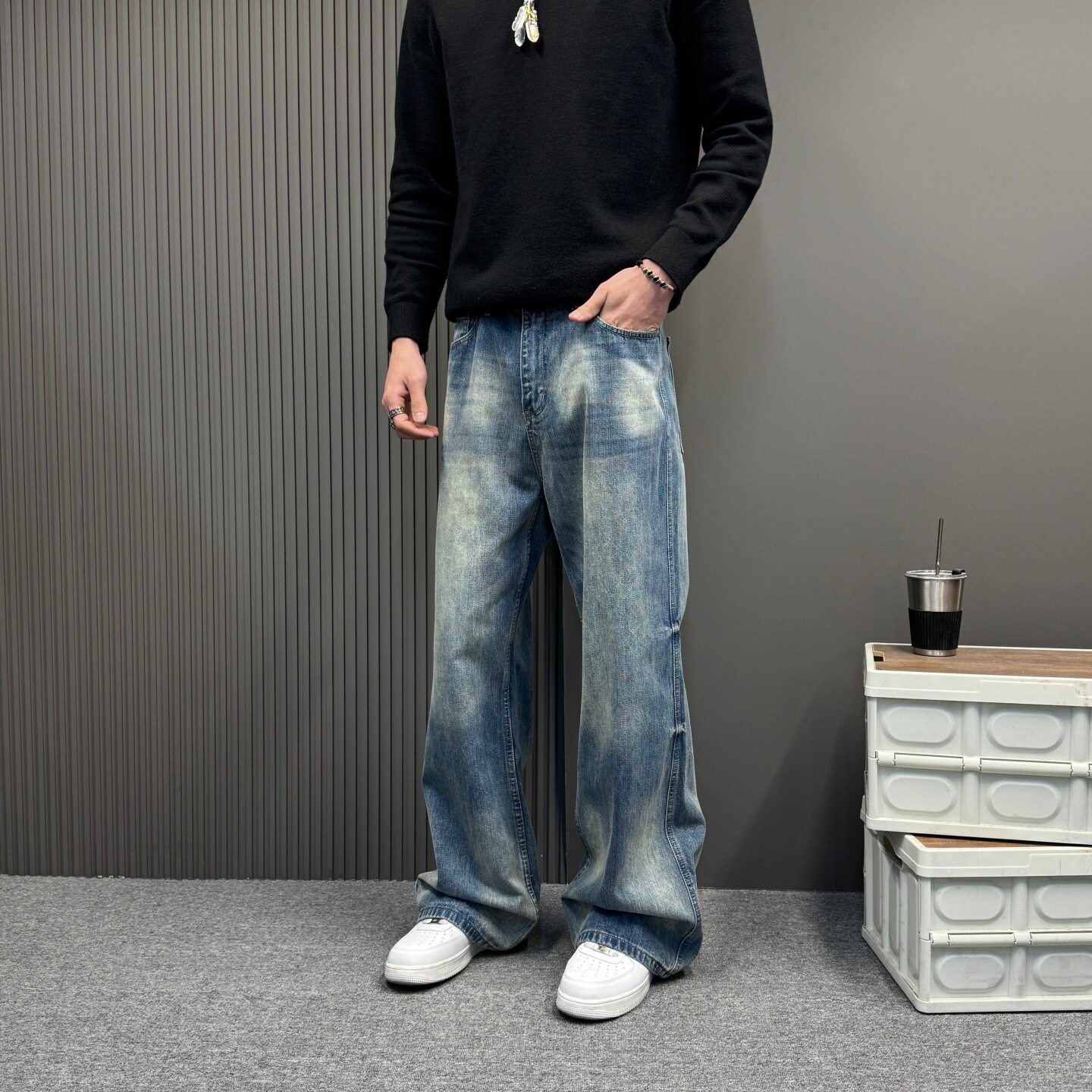 美式高街vibe复古水洗做旧牛仔裤男潮直筒微喇显瘦cleanfit长裤子