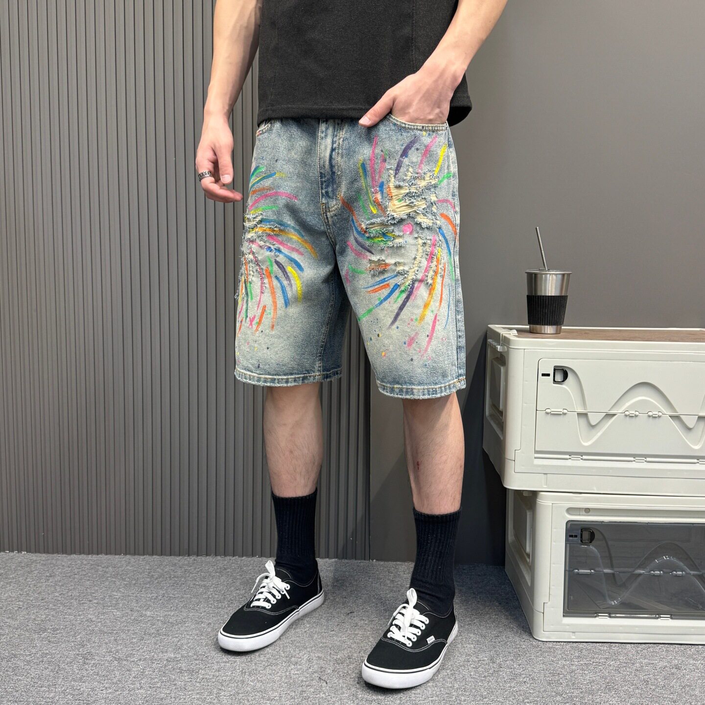 潮牌美式复古水洗高级彩绘破洞牛仔短裤宽松休闲情侣高街小众中裤