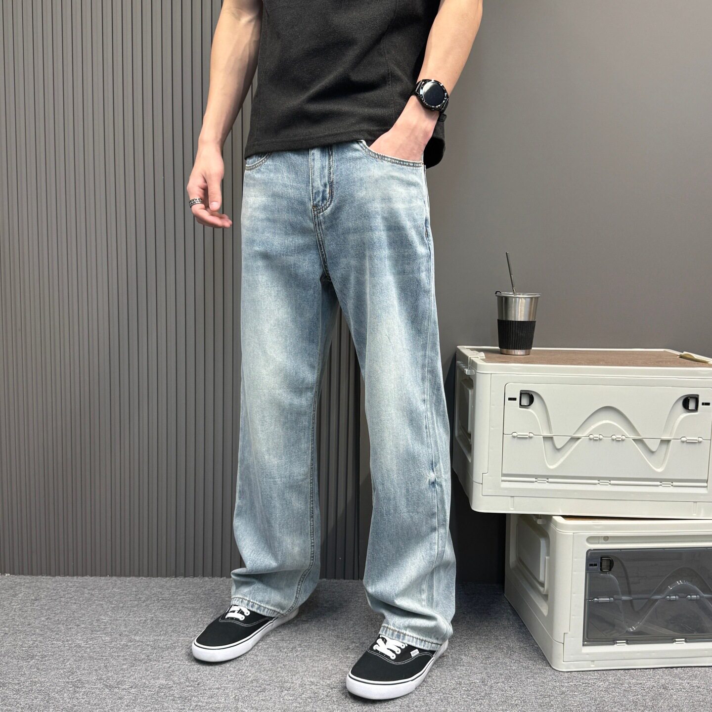 美式洗水复古潮牌浅蓝牛仔裤男士夏季新款青年潮流痞帅宽松哈伦裤