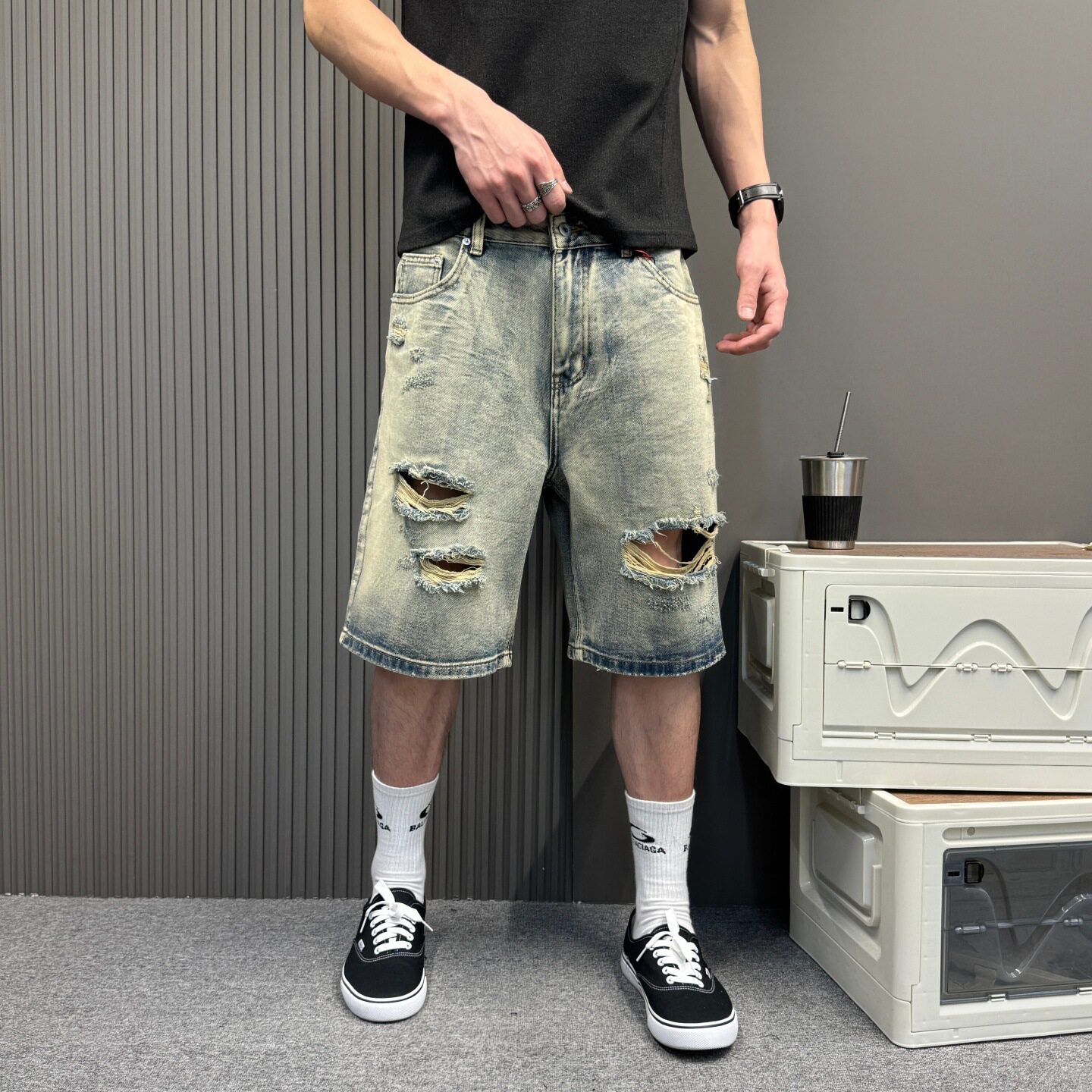 蓝色水洗破洞牛仔裤男士潮牌宽松直筒短裤痞帅百搭休闲五分中裤子