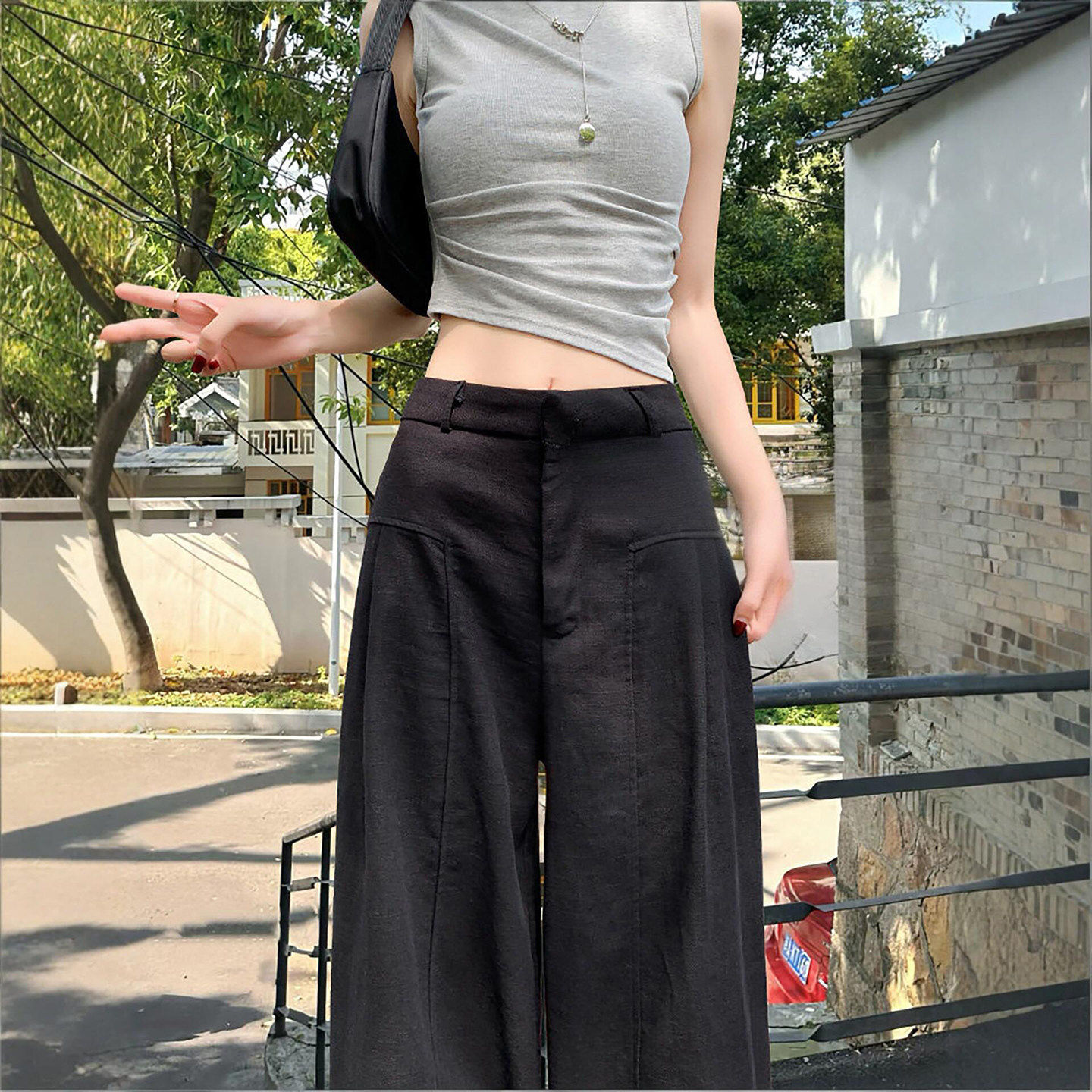 黑色亚麻阔腿裤女夏季薄款松弛感大码显瘦宽松棉麻西装直筒休闲裤