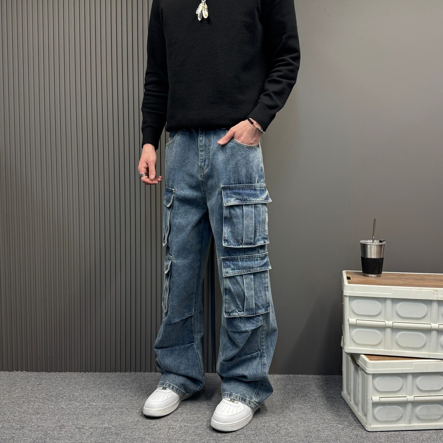 美式复古多口袋水洗直筒工装牛仔裤男女街头阔腿休闲裤街头潮牌