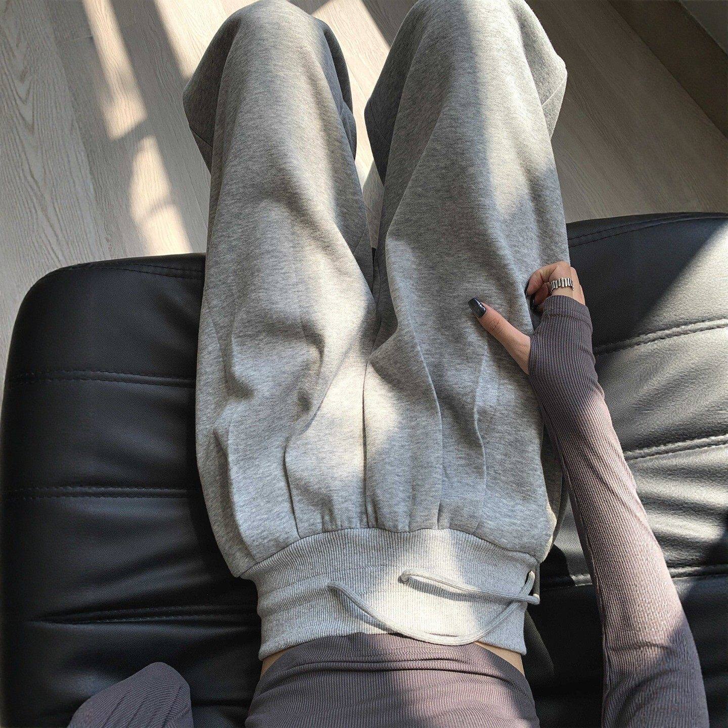 休闲运动裤女春秋2026新款加绒阔腿慵懒美式直筒小个子宽松卫裤子