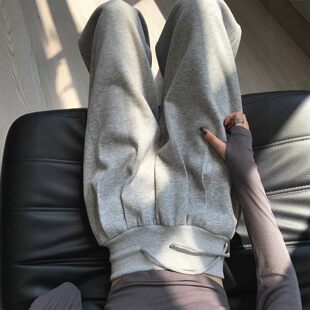 休闲运动裤女春秋2026新款加绒阔腿慵懒美式直筒小个子宽松卫裤子