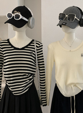 欧玛莱 圆领刺绣软糯长袖修身显瘦针织衫春季微透薄款毛衣女 6167