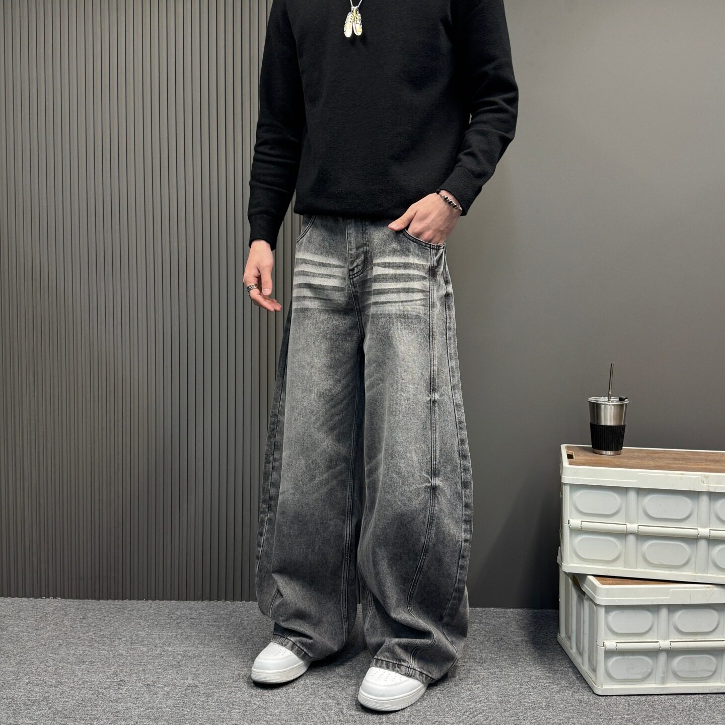 美式复古水洗猫须黑色弯刀牛仔裤中性男女阔腿宽松垂感做旧裤子潮