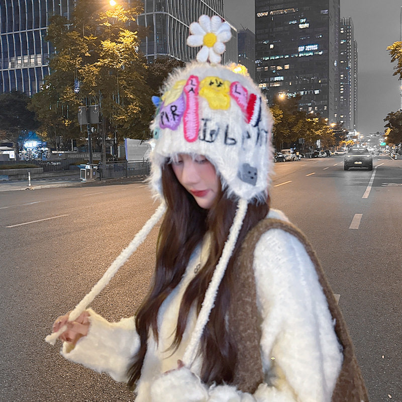 GD志龙同款韩系卡通针织帽男女冬季保暖护耳毛线帽纯手工飞行帽子