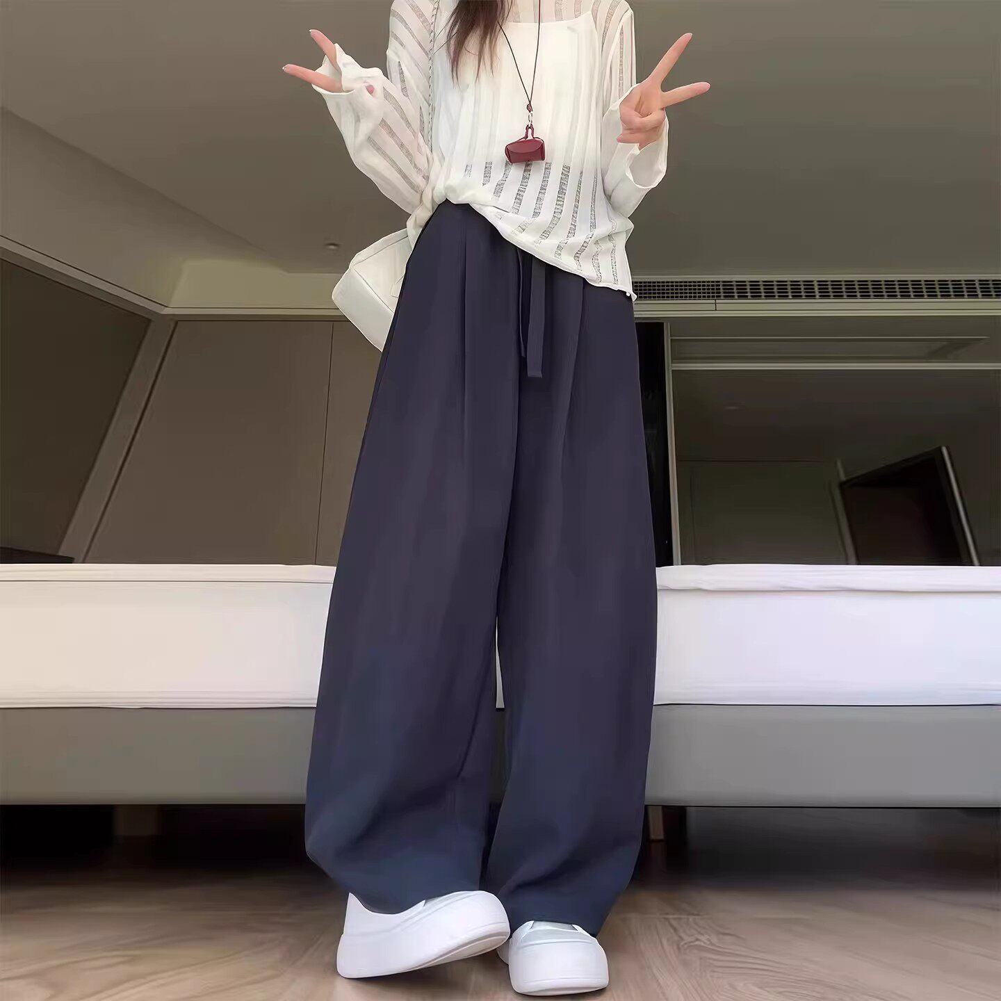 藏青色天丝亚麻阔腿裤女夏季薄款慵懒宽松休闲老钱风弯刀山本裤子