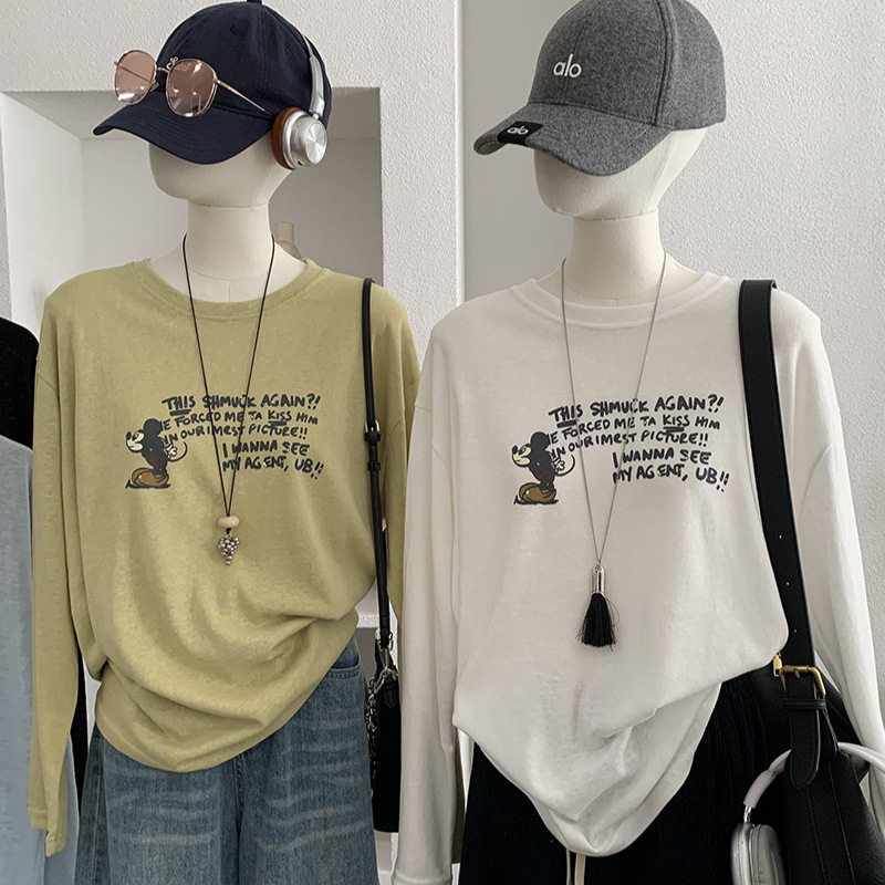 欧玛莱 动漫卡通字母印花圆领长袖T恤女宽松百搭中长款打底衫6317,女装/女士精品,T恤,淘宝优惠券,粉丝福利购,淘宝优惠卷