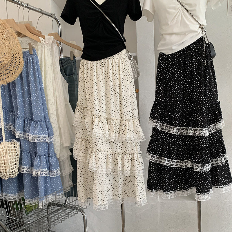 欧玛莱 蕾丝花边拼接斜边波点半身裙女温柔气质中长款蛋糕裙 6760