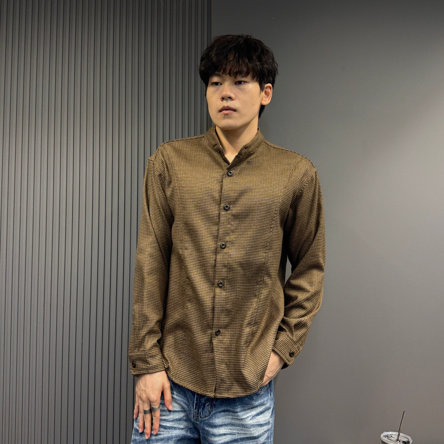 复古港风格纹立领长袖衬衫男女百搭新中式文艺感宽松低调休闲外套