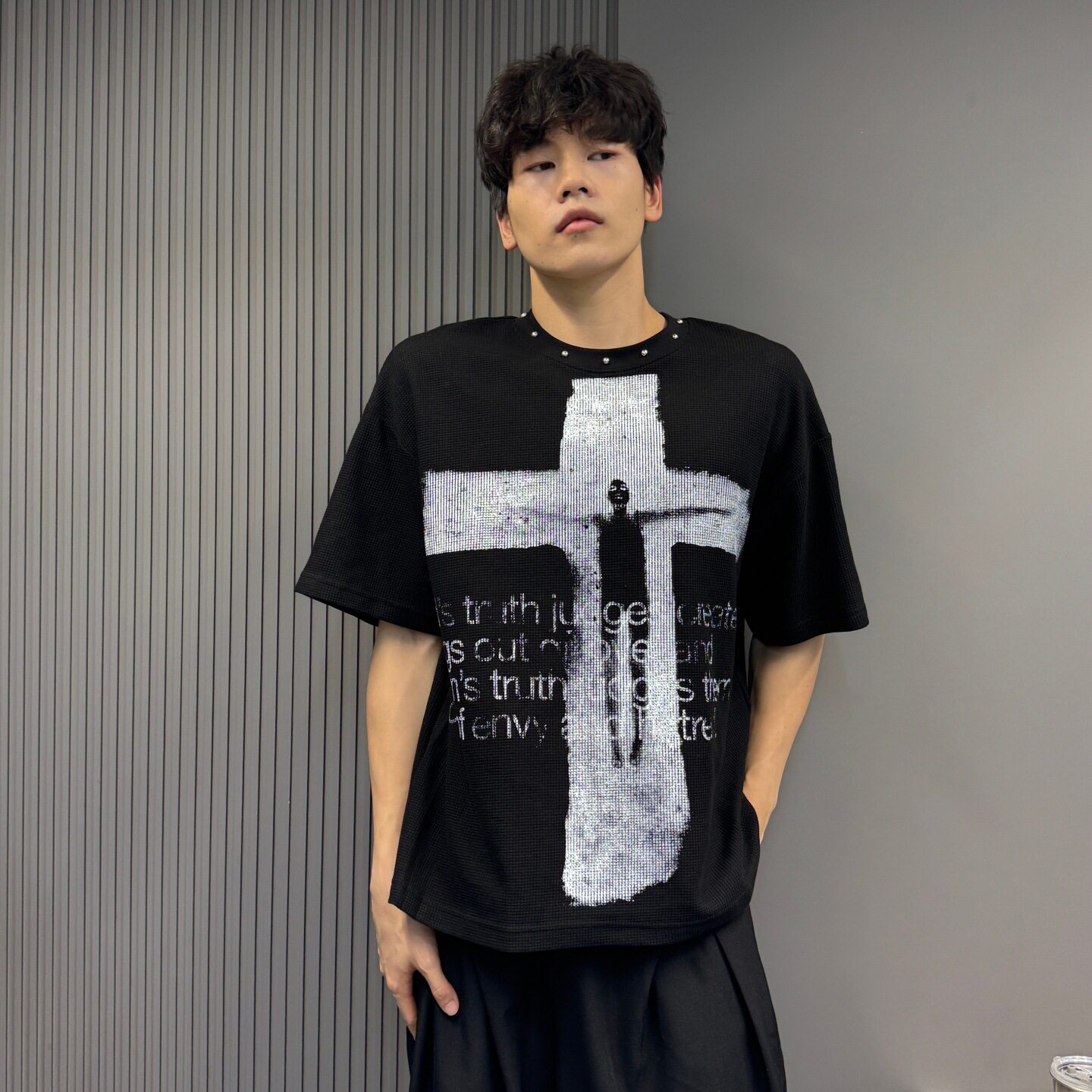 嘻哈暗黑风十字架人像印花短袖T恤男女美式复古休闲宽松百搭上衣