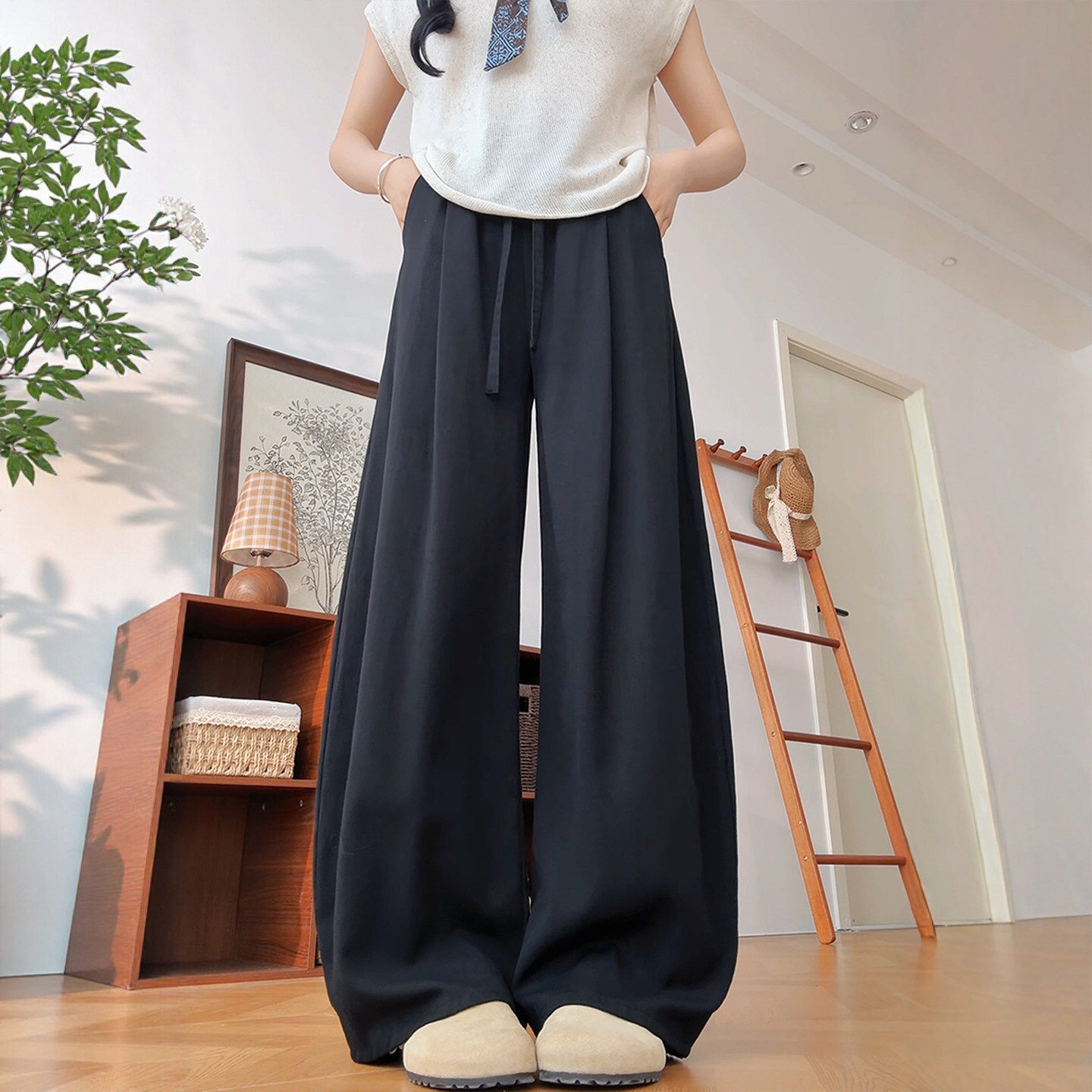 天丝亚麻弯刀裤女2026新款夏季薄款胖mm大码宽松老钱风冰丝阔腿裤