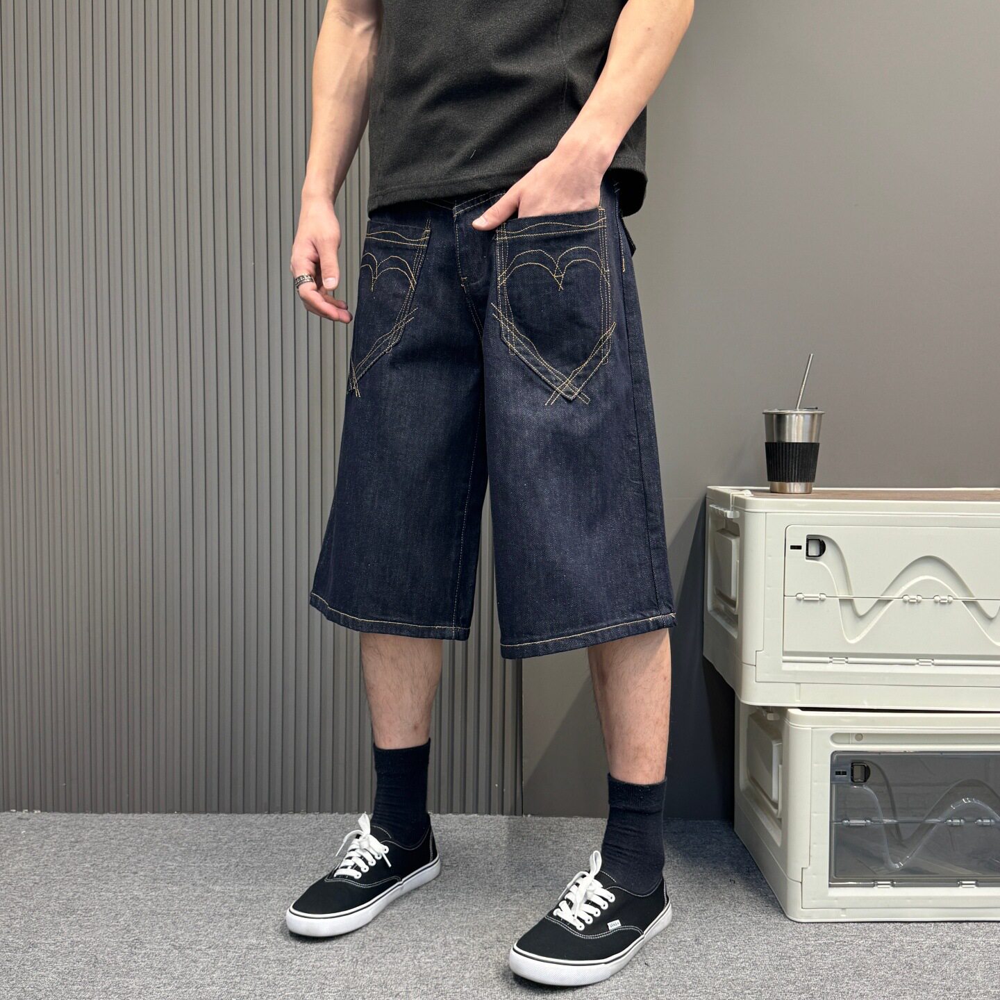 美式复古通勤原牛牛仔七分裤夏季男女同款宽松休闲设计感阔腿短裤