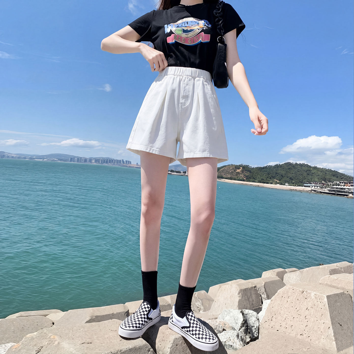 白色天丝牛仔短裤女夏季薄款2026新款小个子松紧腰高腰冰丝五分裤