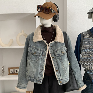 韩版 上衣实拍 蓝色牛仔外套冬季 宽松翻领加绒长袖 6017 新款 欧玛莱