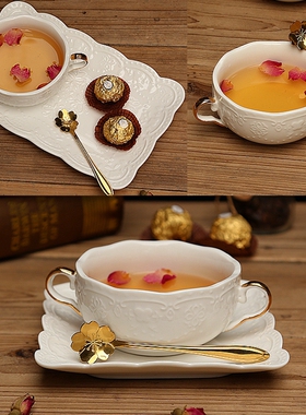 欧式金蝴蝶浮雕花朵双耳碗粉红甜品糖水碗麦片牛奶汤盅早餐燕窝碗