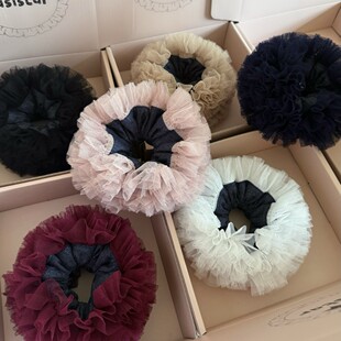 Basistar 重工高级感牛仔网纱手作发圈 女发绳 原创多层重褶发圈