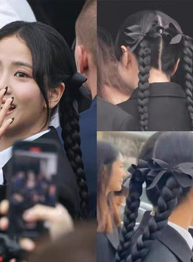 JISOO 智秀走秀同款黑色蝴蝶结发夹边夹对夹双马尾夹子2024新发饰