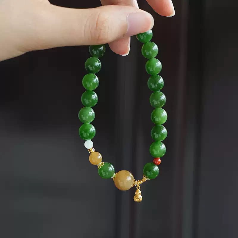 鑫浩矿业碧玉和田玉圆珠手串镶糖玉珠18k金配饰卡8mm