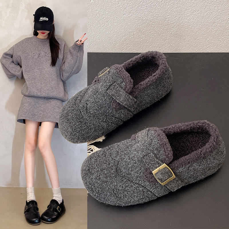 毛毛鞋女秋冬加绒加棉2025年新款软底勃肯棉鞋玛丽珍鞋保暖豆豆鞋