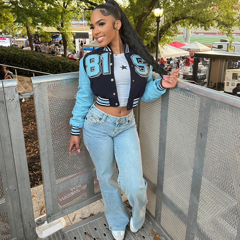 新款休闲运动外套女PU皮撞色拼接长袖短款收腰印花百搭上衣棒球服