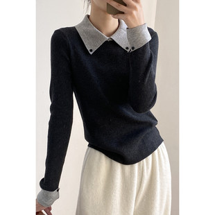 内搭长袖 小众撞色polo翻领针织衫 复古修身 新款 打底上衣 女2026春季