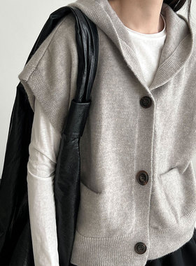 韩系大版慵懒宽松连帽无袖针织开衫女秋季新款叠穿短款毛衣马甲