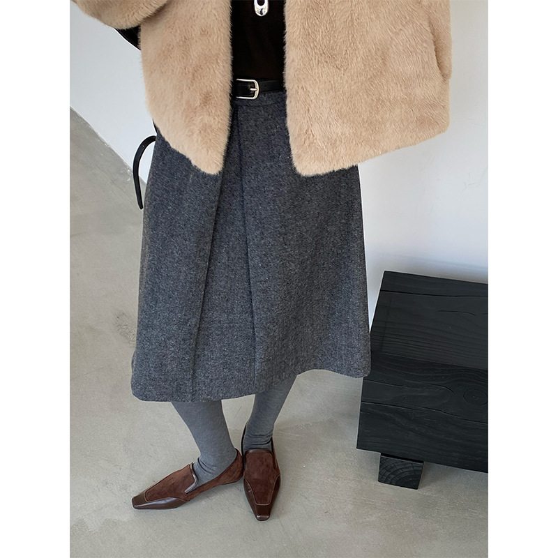 秋冬新款时尚百搭高腰A字毛呢裙