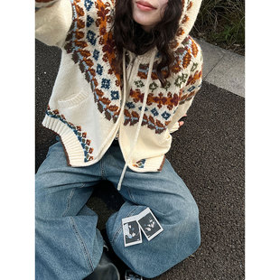 慵懒风费尔岛撞色连帽针织开衫 高级感透气百搭提花毛衣 女秋冬新款